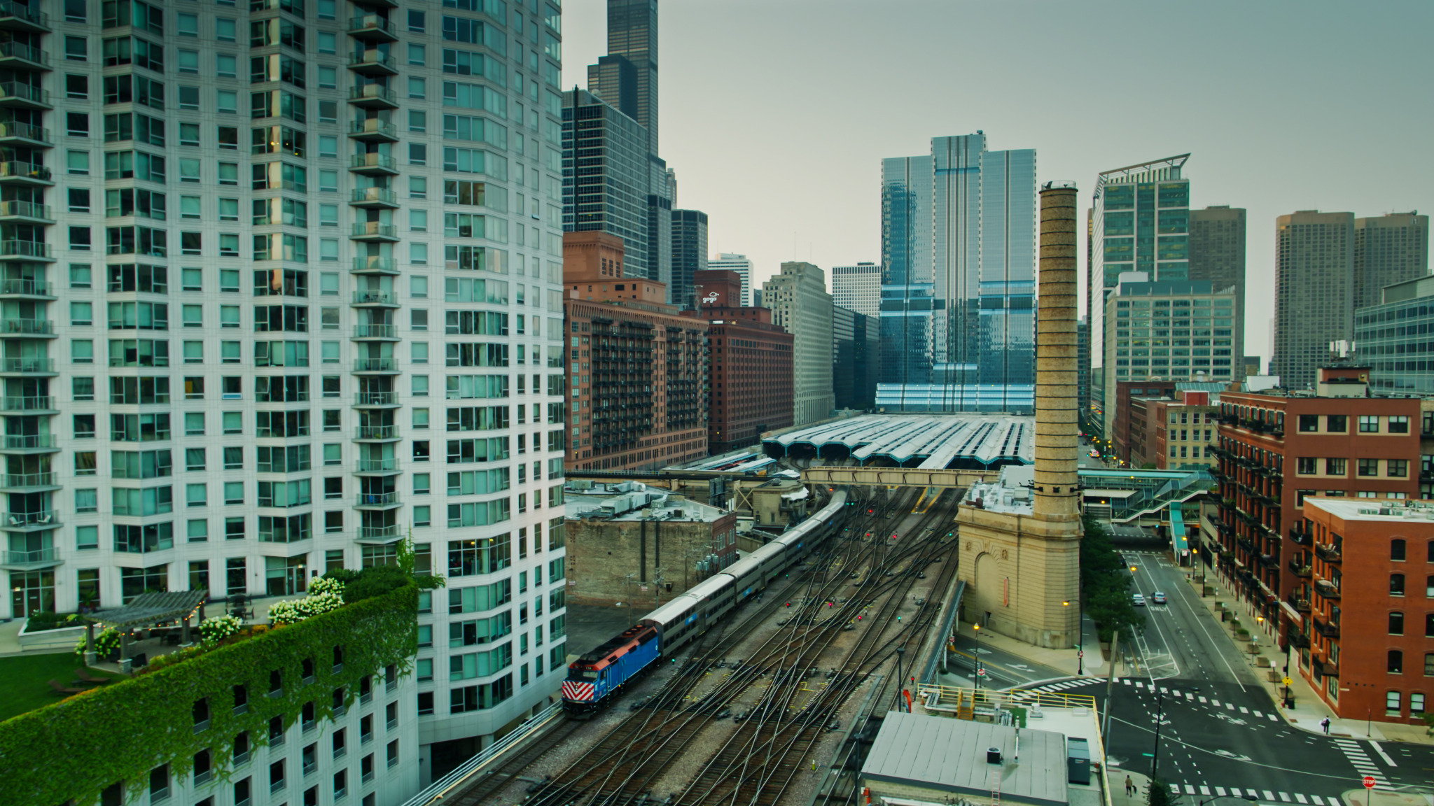 Chicago skyline and commuter railroad tracks near Ogilvie Transportation Center
